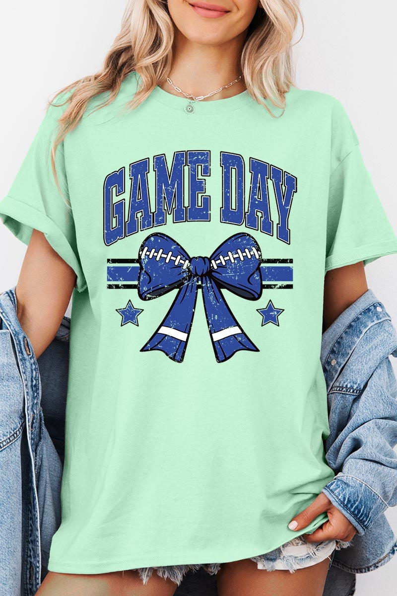 5000-E3065 Blue Football Bow Graphic Heavy Cotton Tee $9