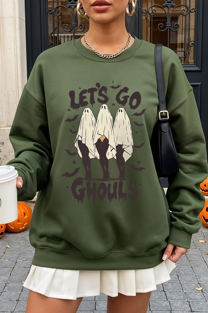 UL180P-E3160 Letu2019s Go Ghouls Ghost Graphic Plus Sweatshirt $25