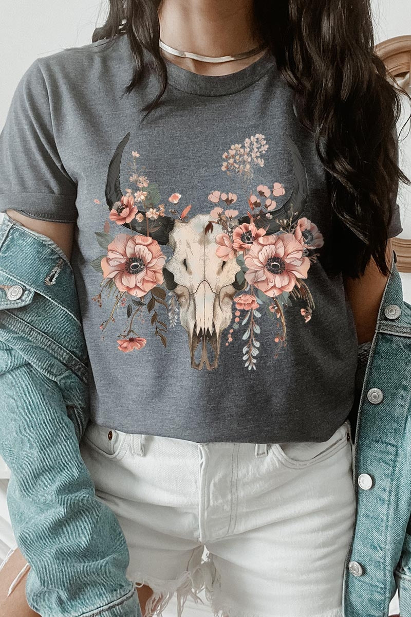 US3001-E3113 Western Skull Floral Graphic Tee $12.5