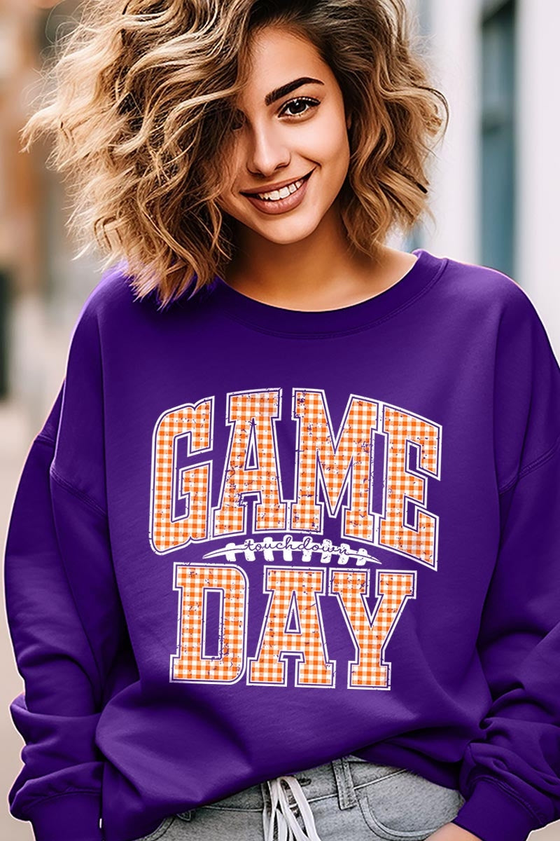 UL180P-E3129 Orange Gingham Game Day Graphic Plus Sweatshirt $25