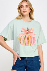 CTS-E3083 Brushstroke Pumpkin Graphic Relaxed Crop Top $11