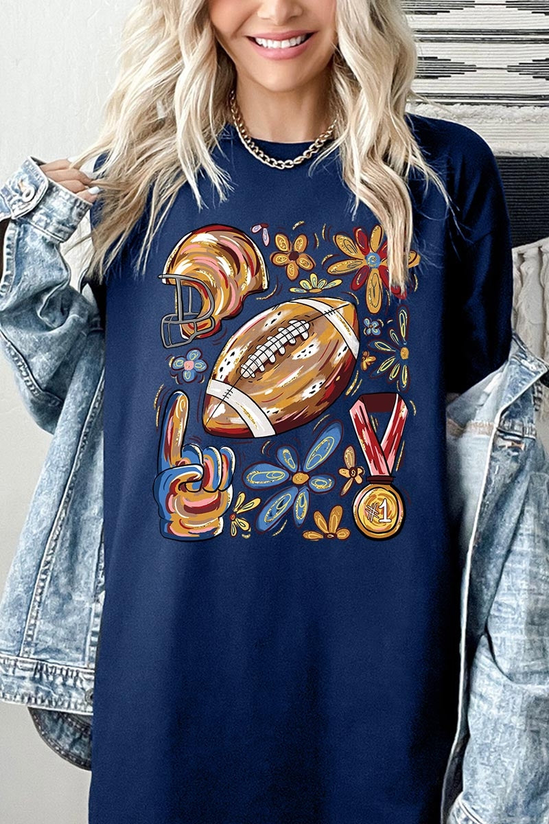 5000-E3072 Retro Floral Football Graphic Heavy Cotton Tee $9