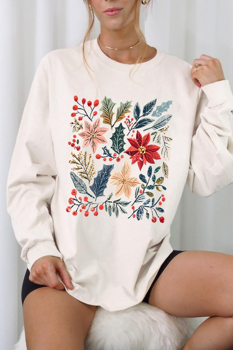 UL240P-E3186 Floral Christmas Graphic Plus Long Sleeve Tee $17