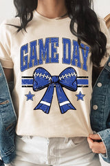US3001-E3065 Blue Game Day Football Bow Graphic Tee $12.5