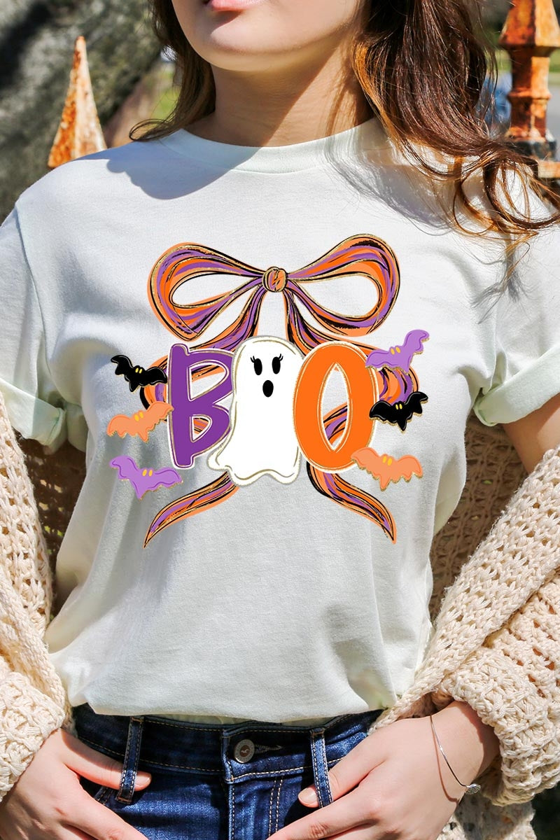 US3001P-E3120 Boo Brushstroke Bow Graphic Plus Tee $16
