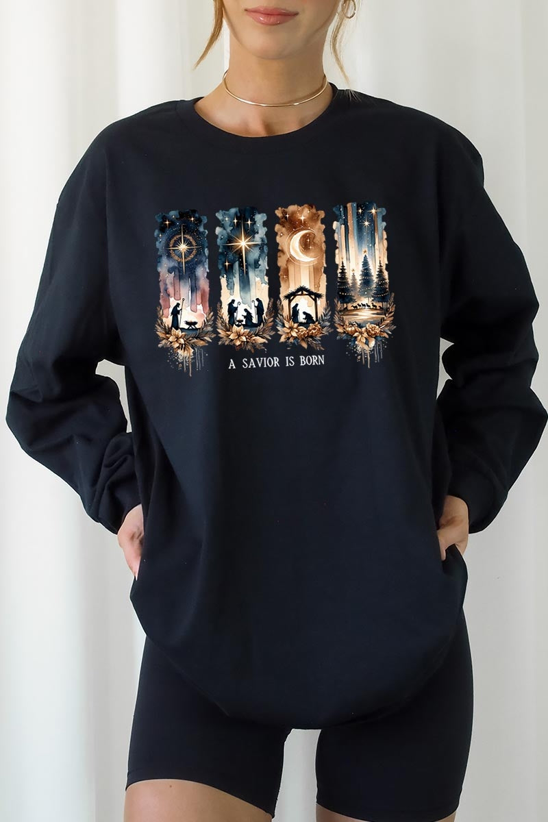 UL240P-E3204 Savior Is Born Nativity Graphic Plus Long Sleeve Tee $17