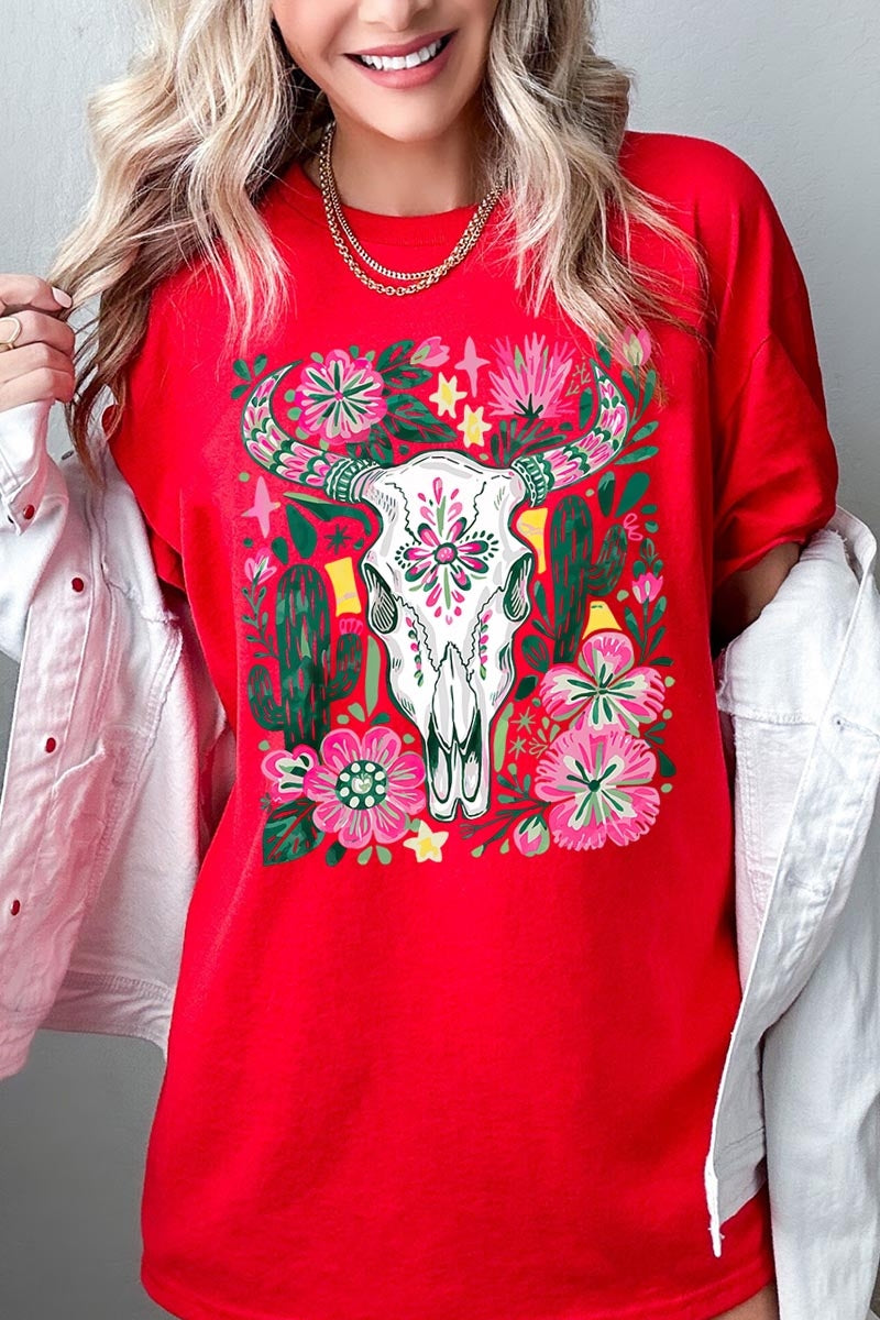 5000-E3086 Western Floral Cow Skull Graphic Heavy Cotton Tee $9