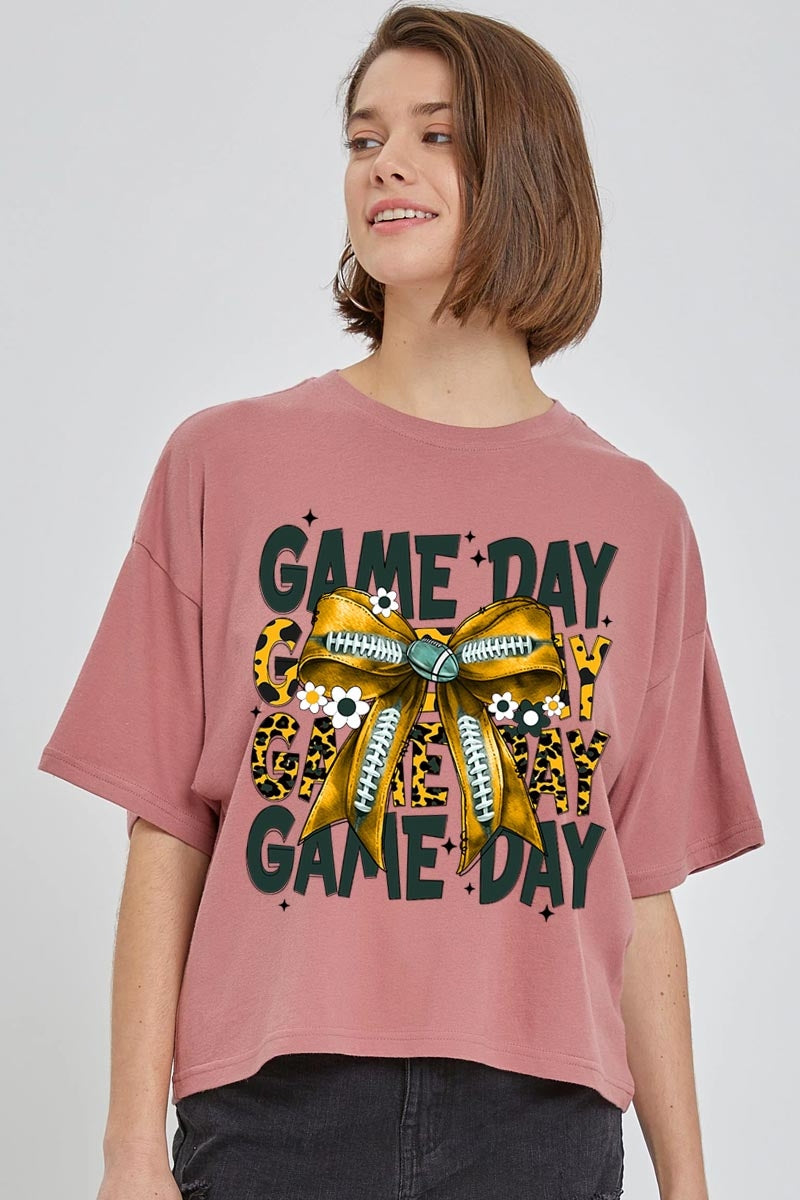 CTS-E3090 Yellow Football Game Day Bow Relaxed Crop Top $11