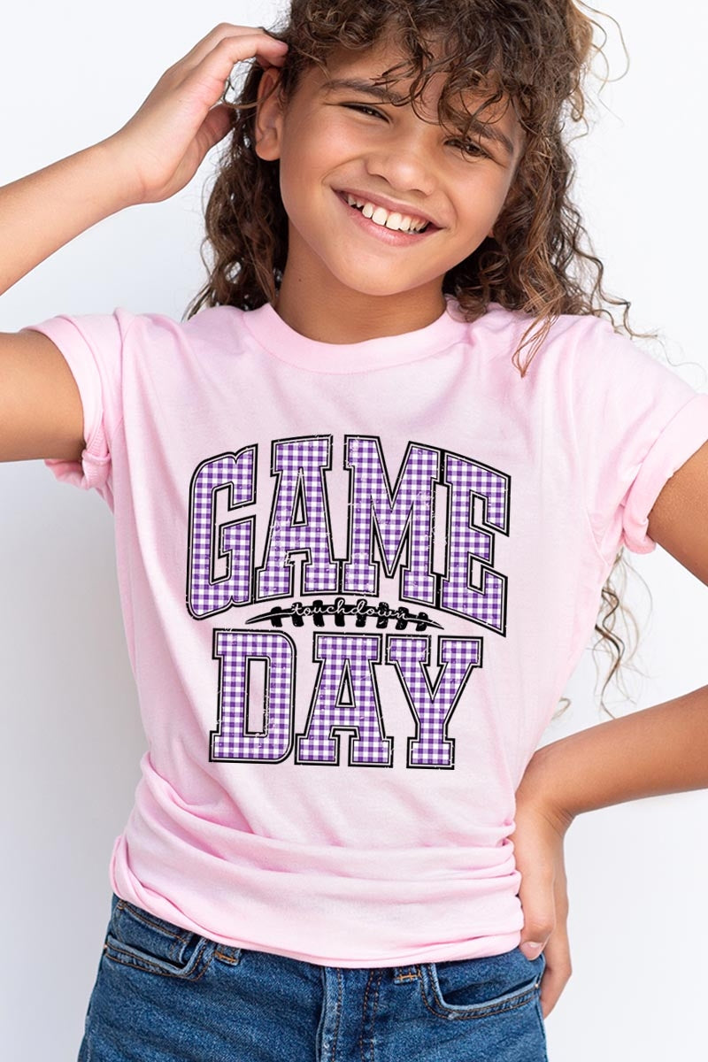 US3001Y-E3127Z Purple Gingham Game Day Kids Graphic Tee $11
