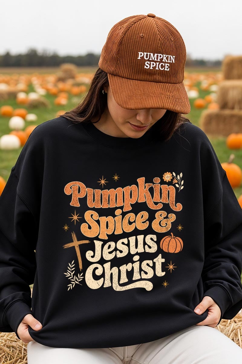 UL180-E3164 Pumpkin Spice & Jesus Graphic Sweatshirt $20