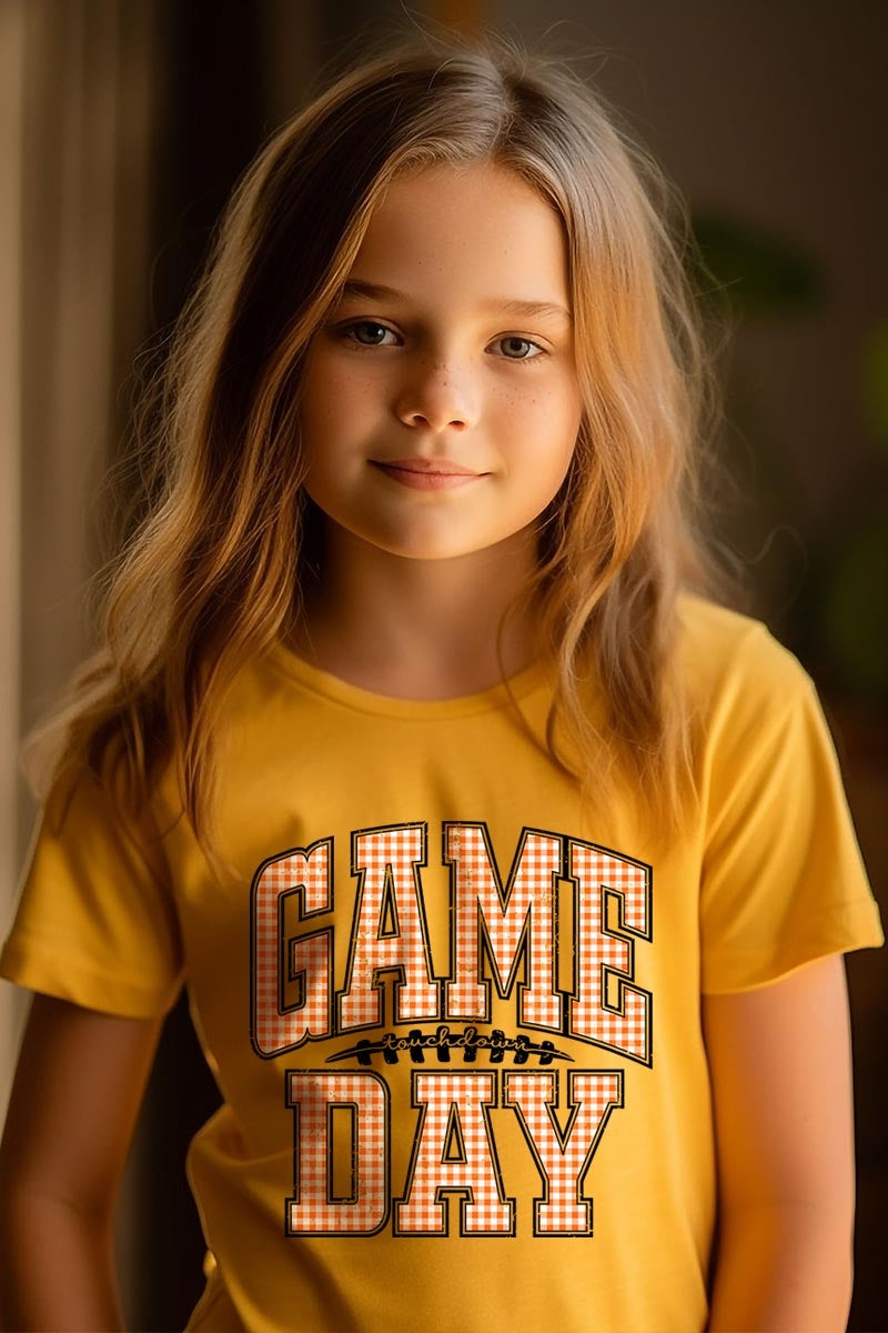 US3001Y-E3129Z Orange Gingham Game Day Kids Graphic Tee $11