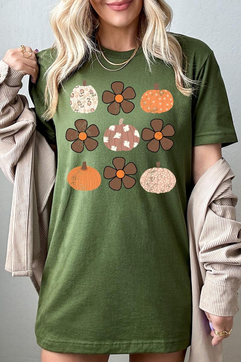 US3001P-E3117 Pumpkins & Flowers Fall Graphic Plus Tee $16