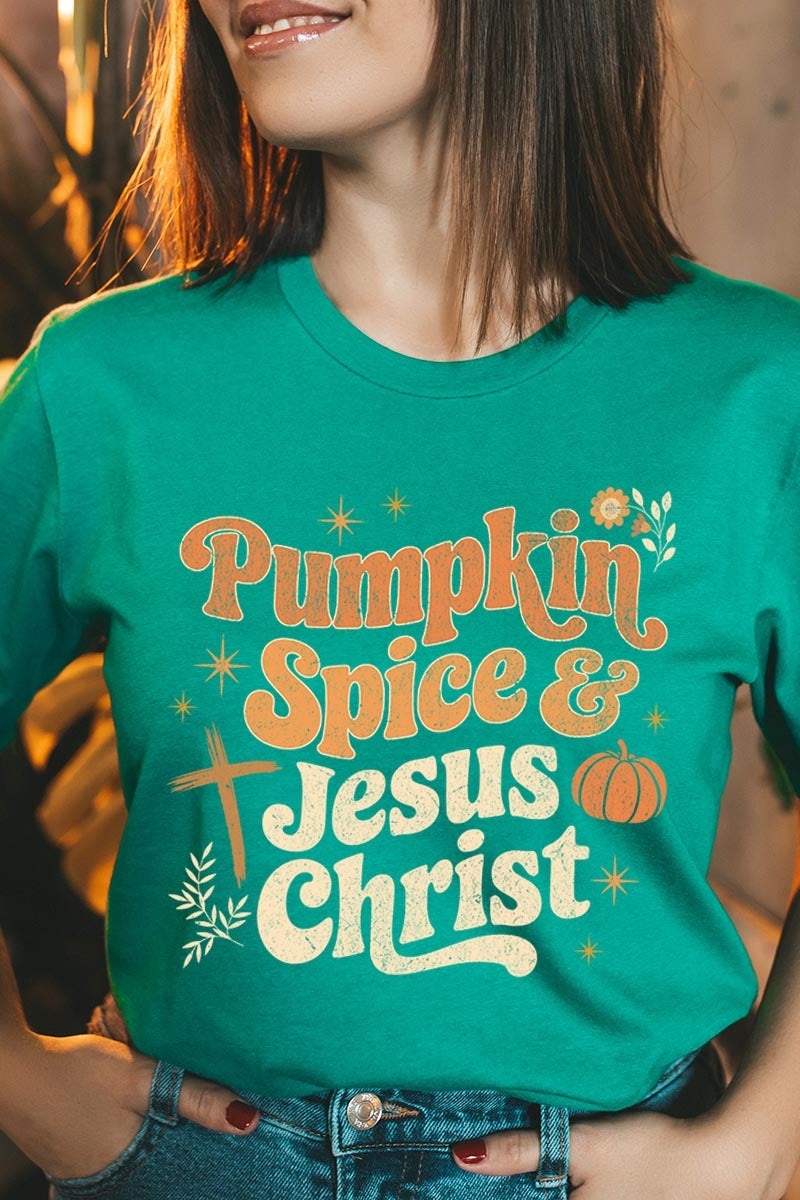 US3001-E3164 Pumpkin Spice & Jesus Graphic Tee $12.5