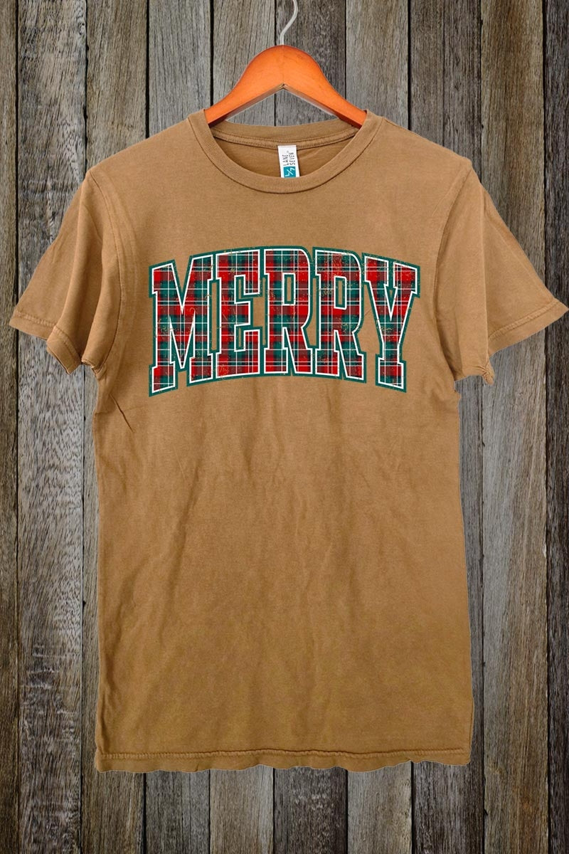 LS002-E3210 Classic Plaid Merry Graphic Vintage Tee $15.5