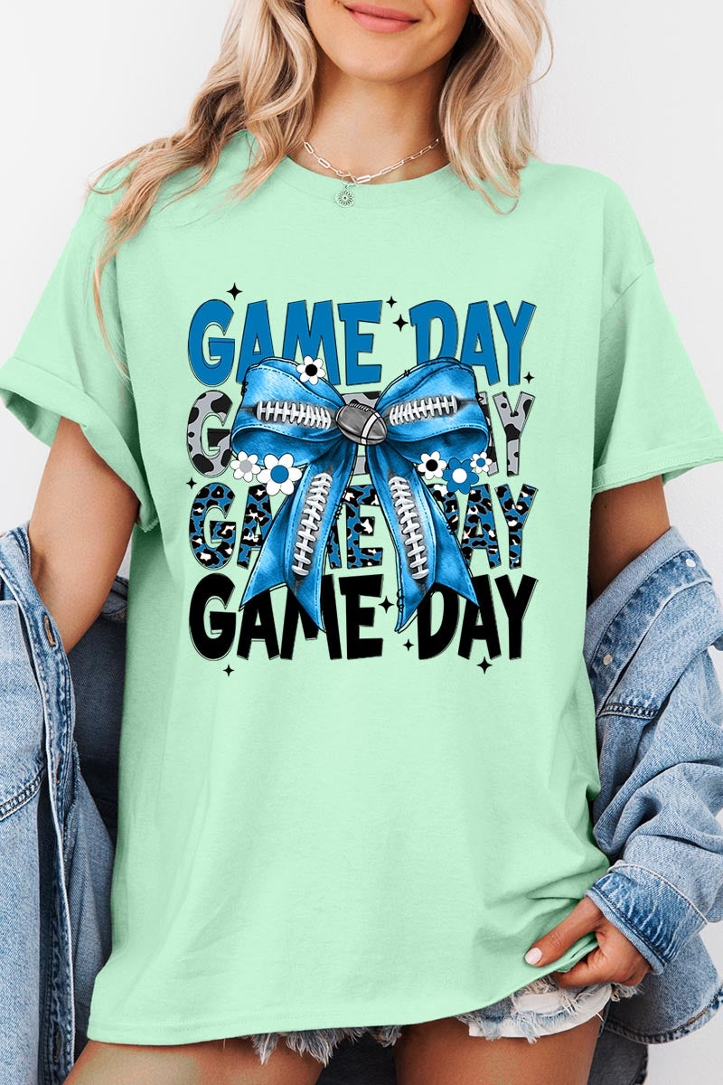 5000-E3089 Blue Silver Football Game Day Bow Heavy Cotton Tee $9
