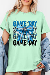 5000P-E3089 Blue Silver Football Bow Plus Heavy Cotton Tee $12.75