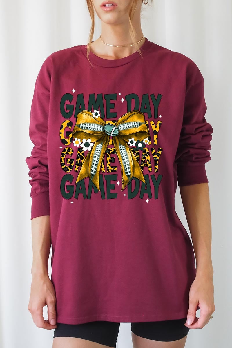 UL240-E3090 Yellow Football Game Day Bow Long Sleeve Tee $13.75