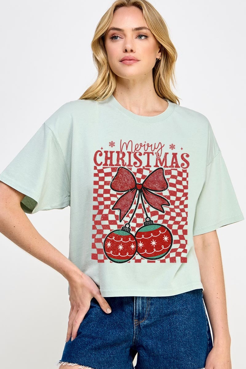 CTS-E3196 Cherry Ornament Christmas Graphic Relaxed Crop Top $11