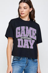 CTS-E3127 Purple Gingham Game Day Graphic Relaxed Crop Top $11