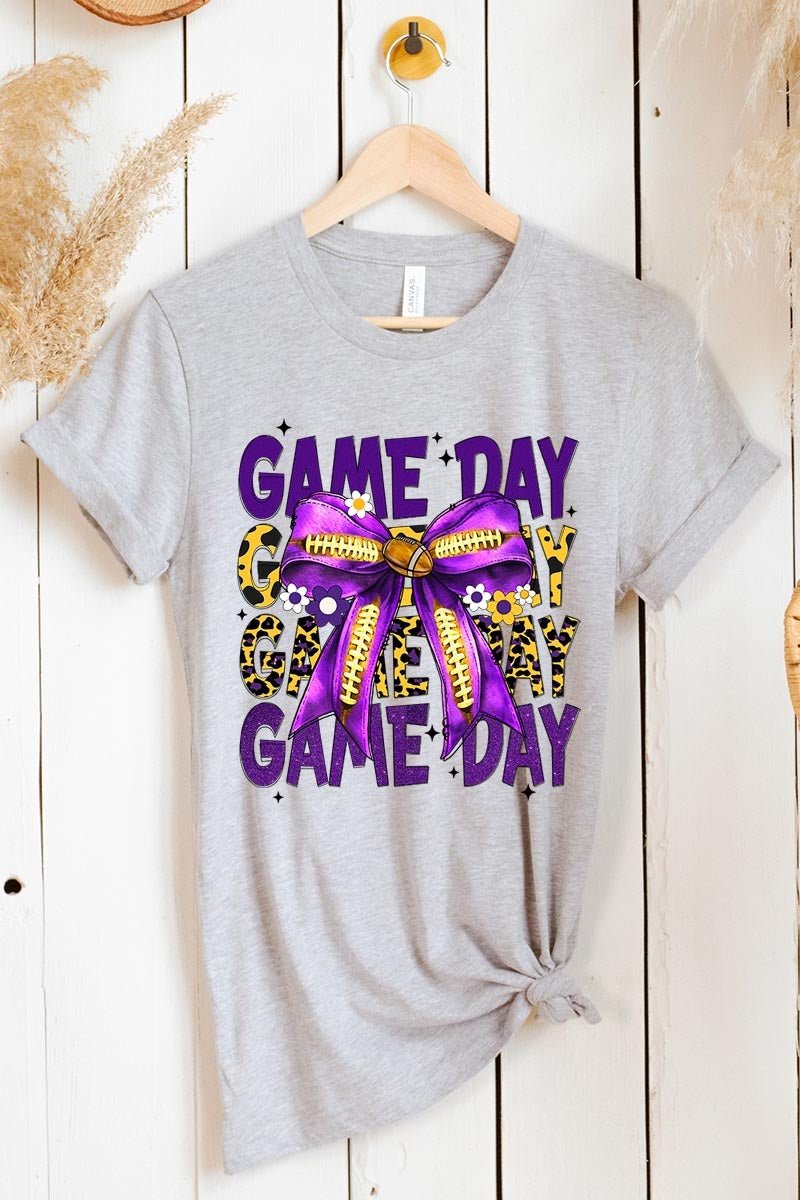 US3001-E3092 Purple Yellow Football Game Day Bow Graphic Tee $12.5