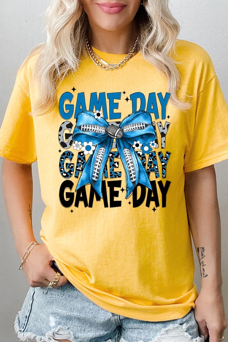 5000-E3089 Blue Silver Football Game Day Bow Heavy Cotton Tee $9