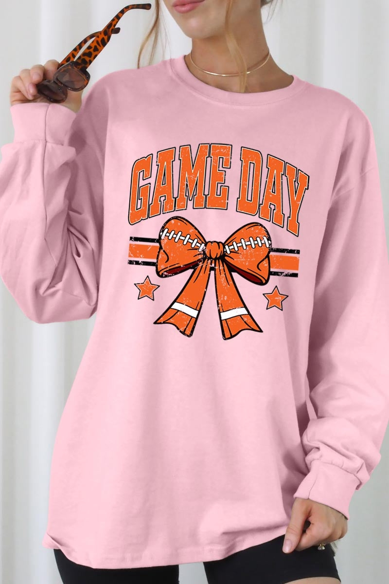 UL240P-E3064 Orange Game Day Football Bow Plus Long Sleeve Tee $17