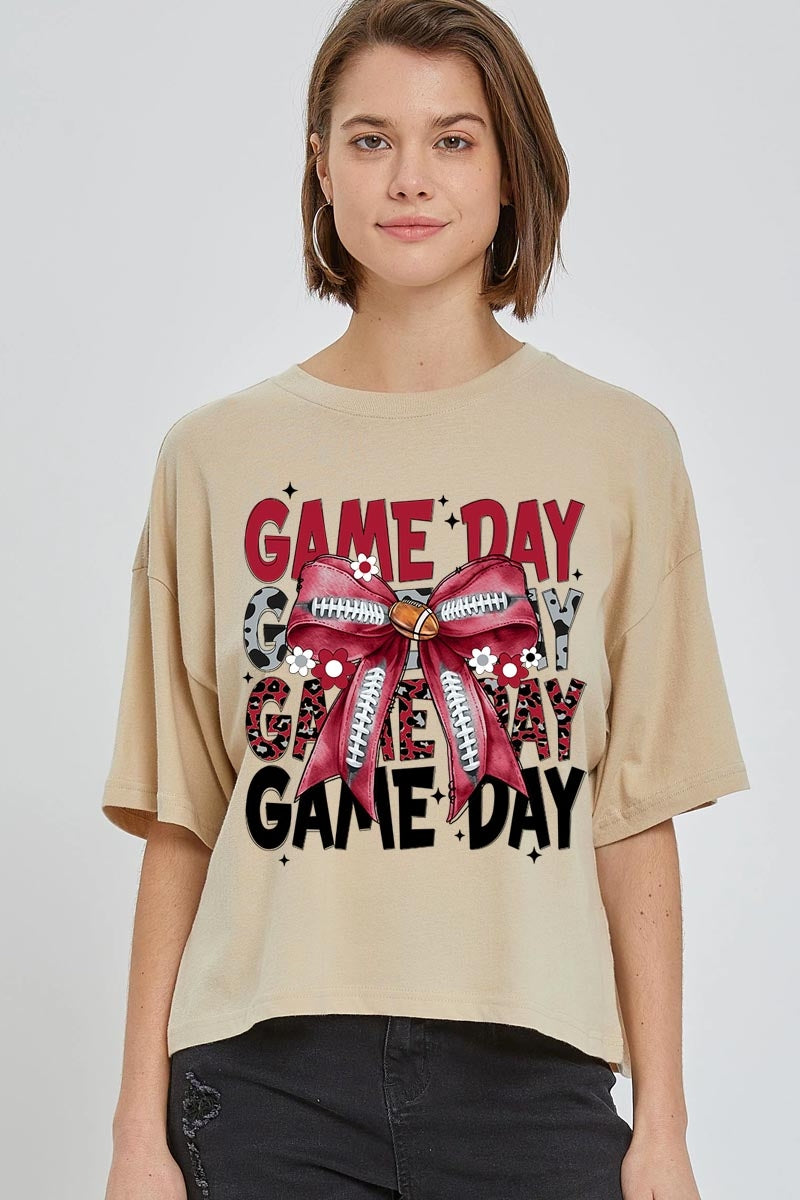 CTS-E3093 Red Silver Football Game Day Bow Relaxed Crop Top $11