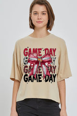 CTS-E3093 Red Silver Football Game Day Bow Relaxed Crop Top $11