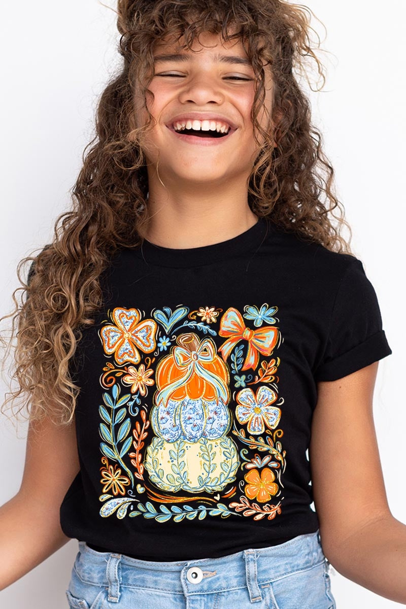 US3001Y-E3153Z Floral Pumpkin Stack Kids Graphic Tee $11