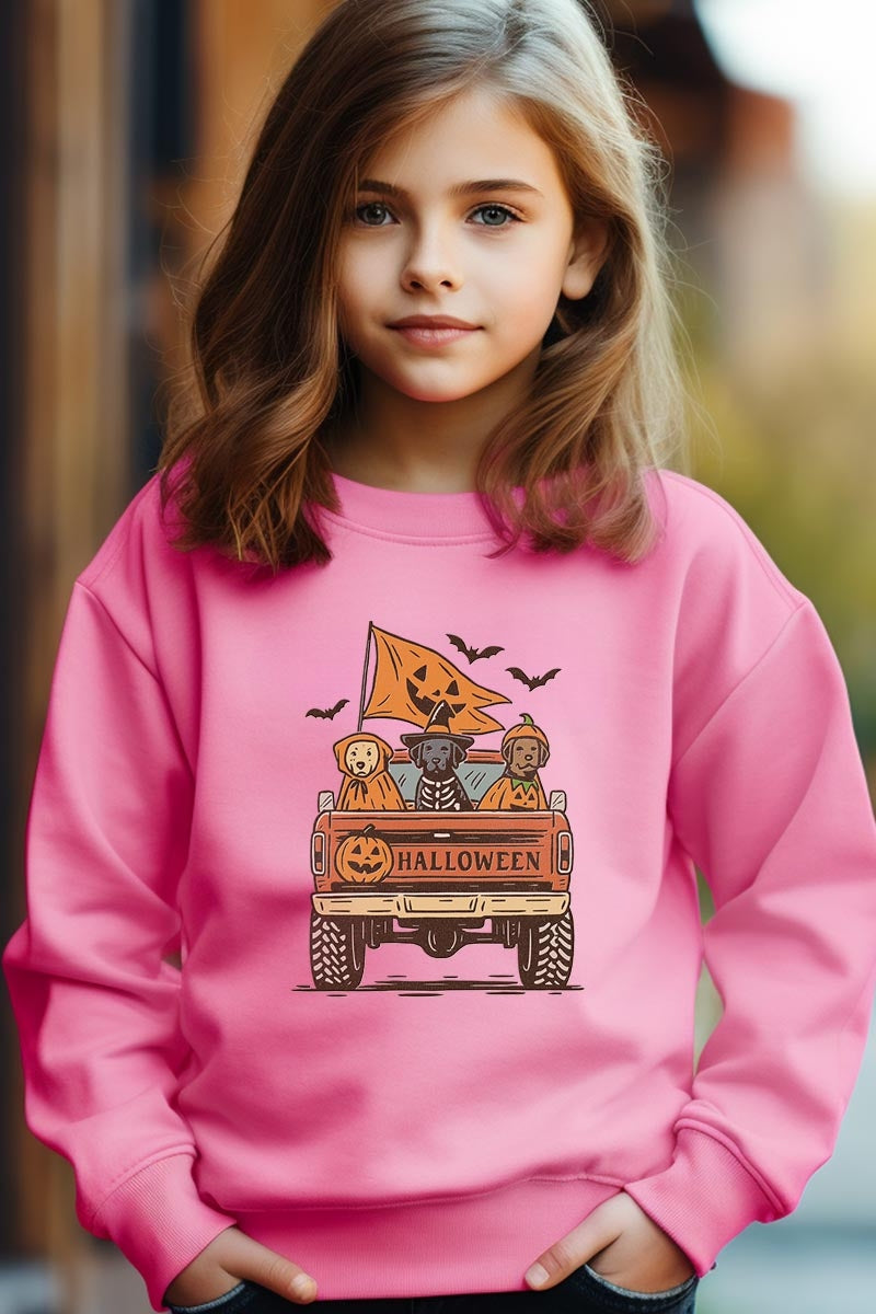 UL180B-E3150Z Halloween Truck Dogs Kids Graphic Sweatshirt $20