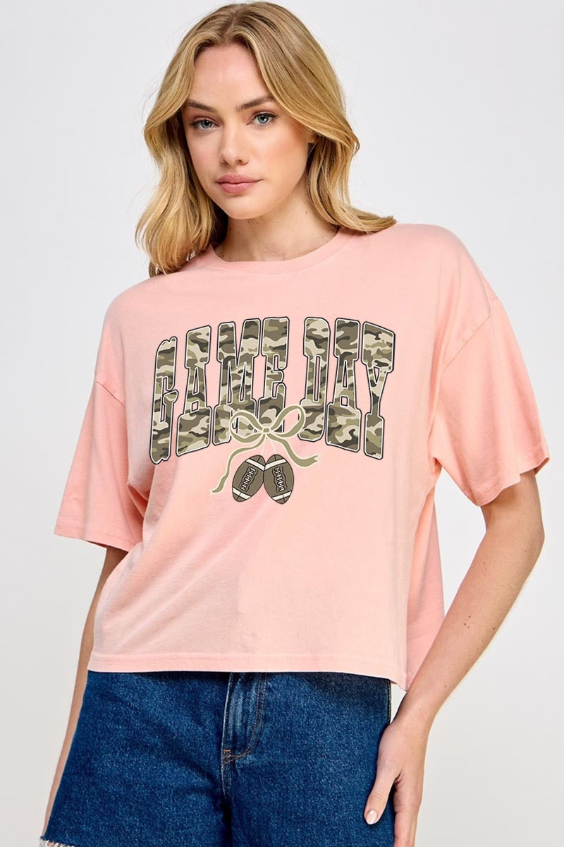 CTS-E3131 Football Game Day Camo Graphic Relaxed Crop Top $11