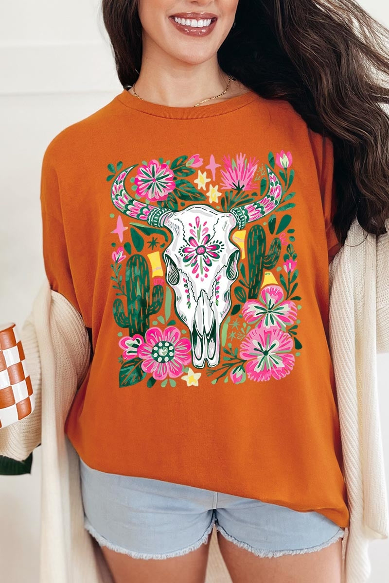 5000P-E3086 Western Floral Cow Skull Plus Heavy Cotton Tee $12.75