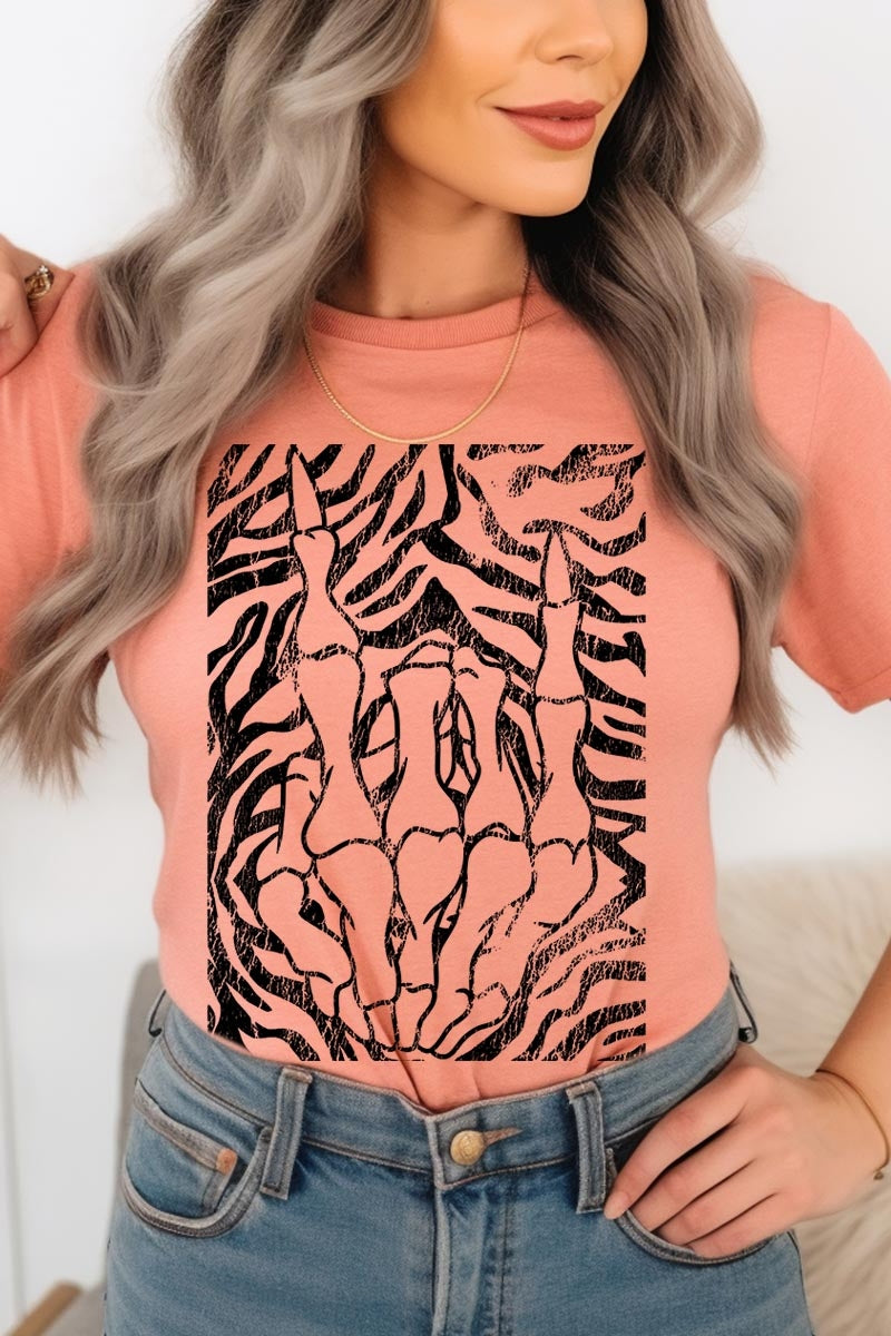 US3001P-E3177 Skeleton Hands Zebra Graphic Plus Tee $16