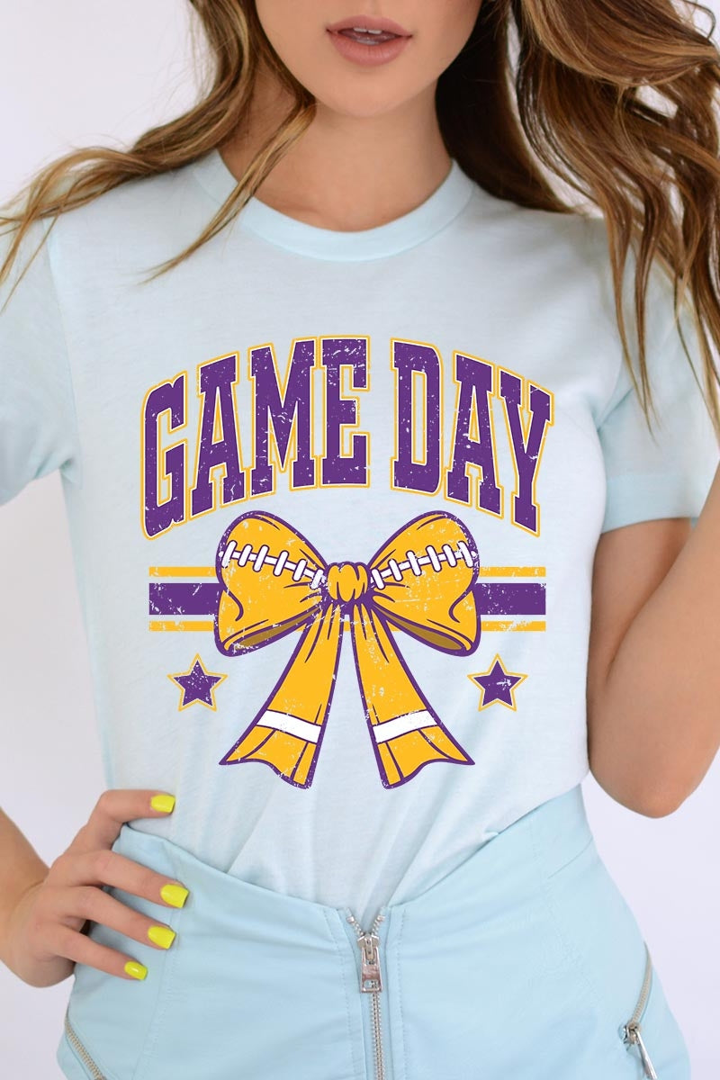 US3001P-E3063 Purple Game Day Football Bow Graphic Plus Tee $16