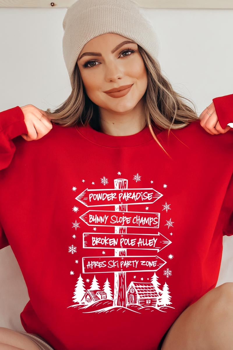 UL180P-E3189 Ski Lodge Signs Graphic Plus Sweatshirt $25