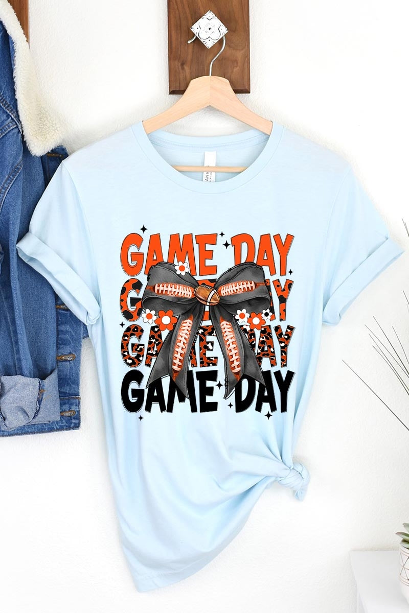 US3001P-E3088 Orange Black Football Game Day Bow Plus Tee $16