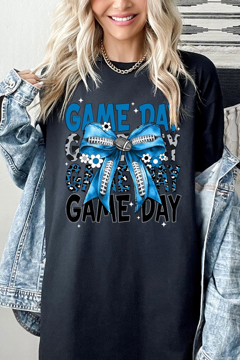 5000P-E3089 Blue Silver Football Bow Plus Heavy Cotton Tee $12.75