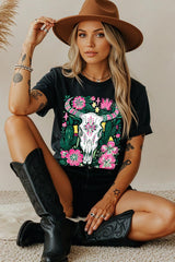 5000-E3086 Western Floral Cow Skull Graphic Heavy Cotton Tee $9