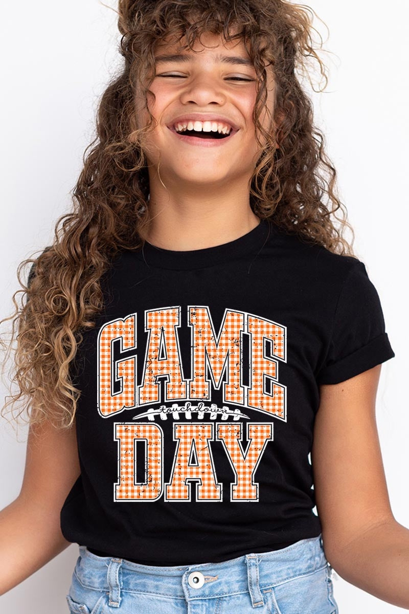 US3001Y-E3129Z Orange Gingham Game Day Kids Graphic Tee $11