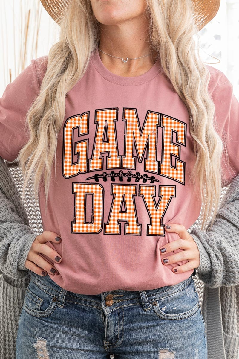 US3001-E3129 Orange Gingham Game Day Graphic Tee $12.5