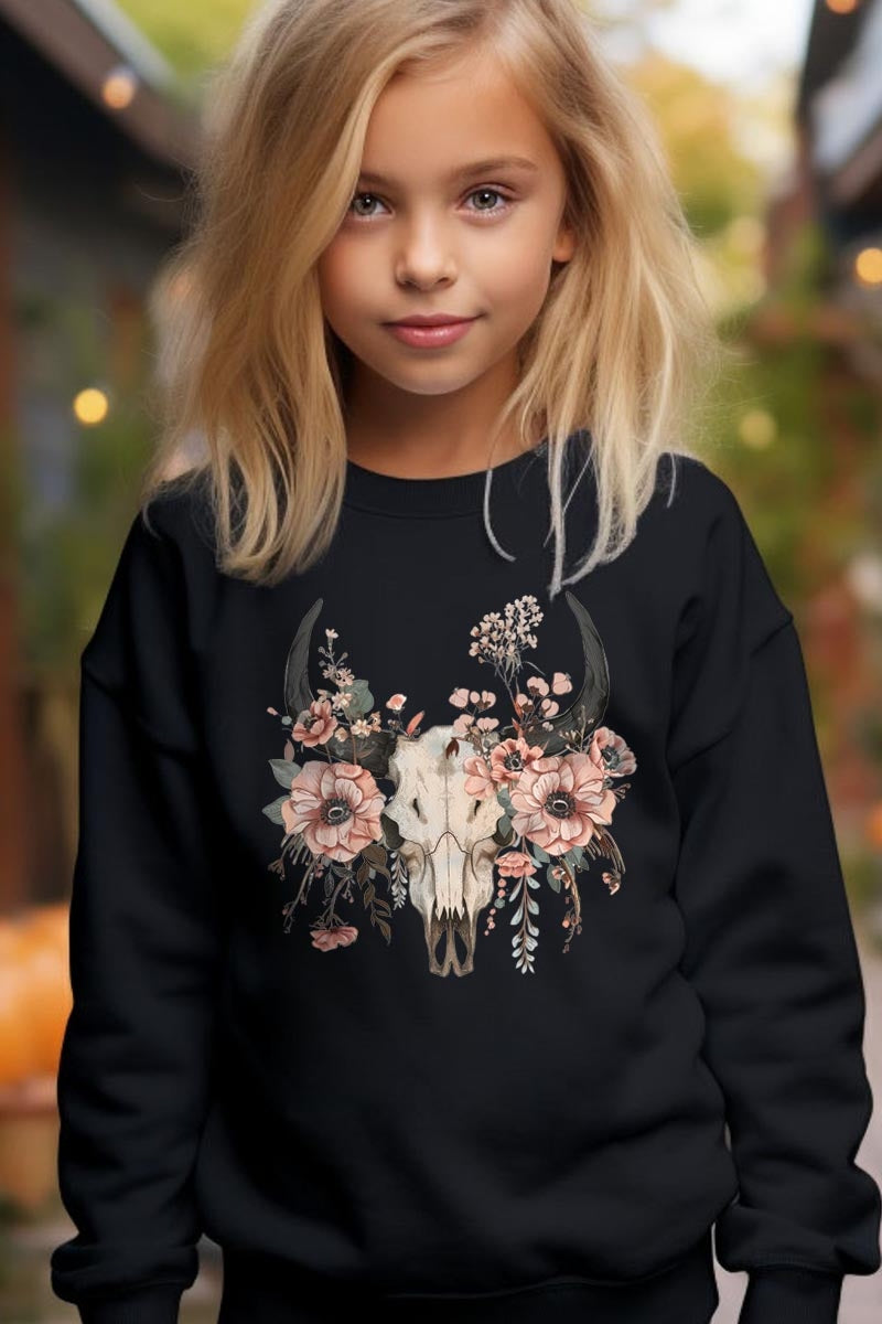 UL180B-E3113Z Western Skull Floral Kids Graphic Sweatshirt $20