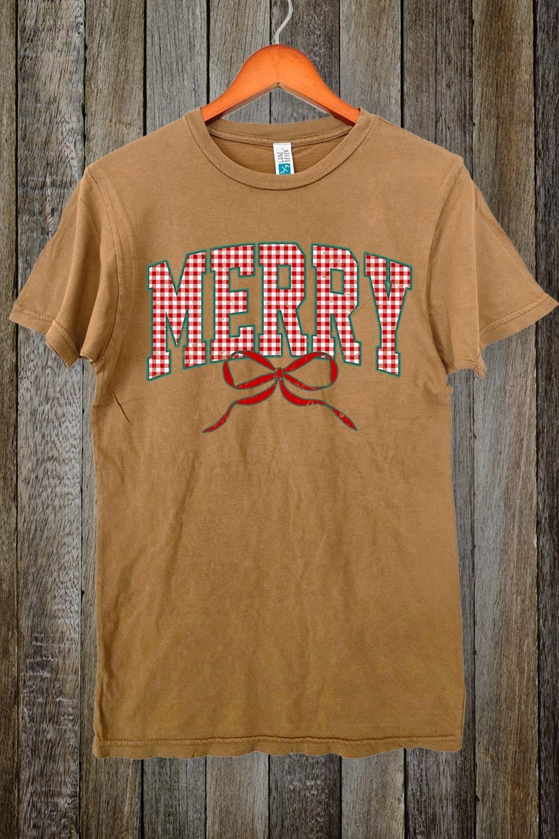 LS002-E3206 Plaid Merry Christmas Bow Graphic Vintage Tee $15.5