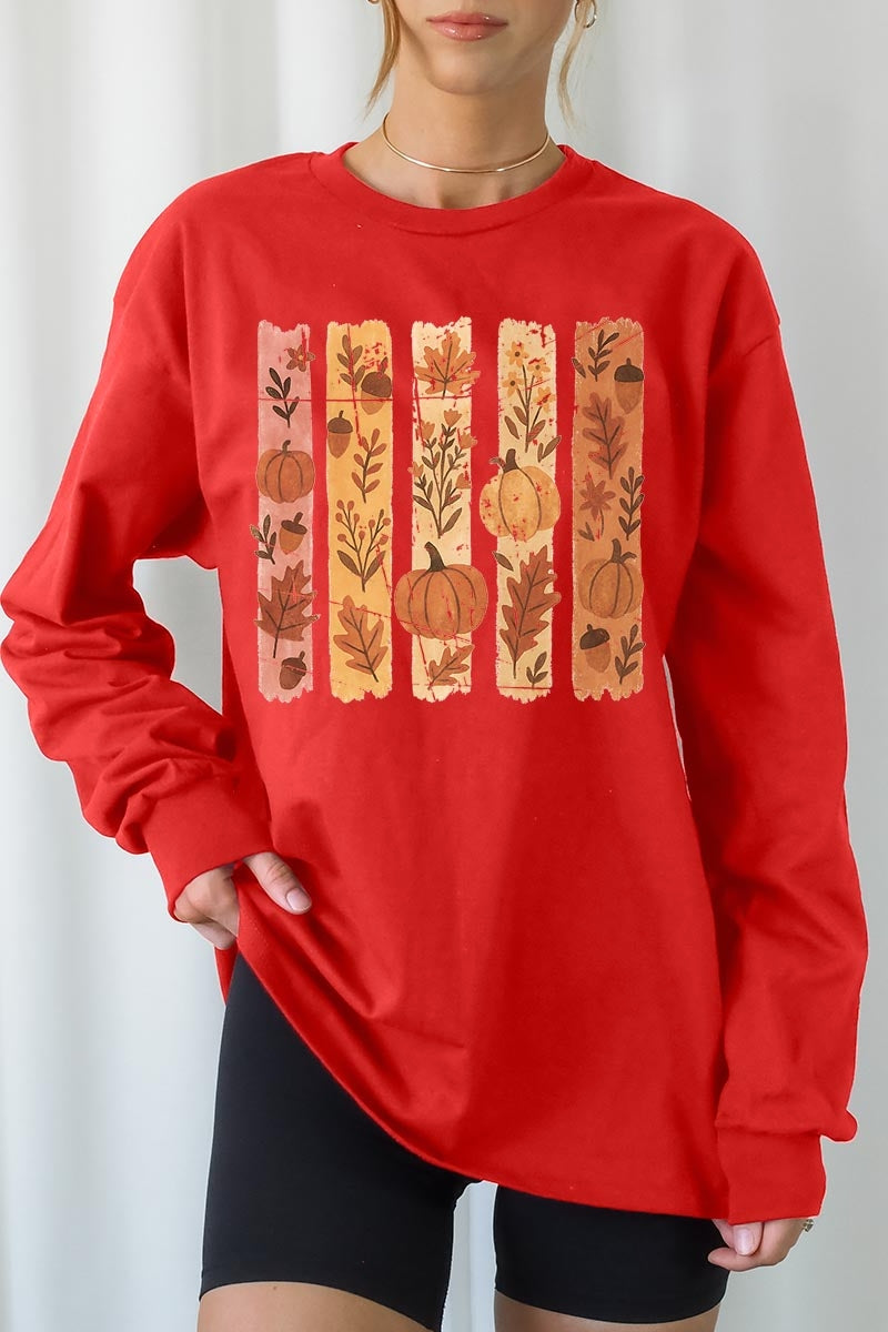 UL240P-E3110 Brushstroke Boho Fall Graphic Plus Long Sleeve Tee $17