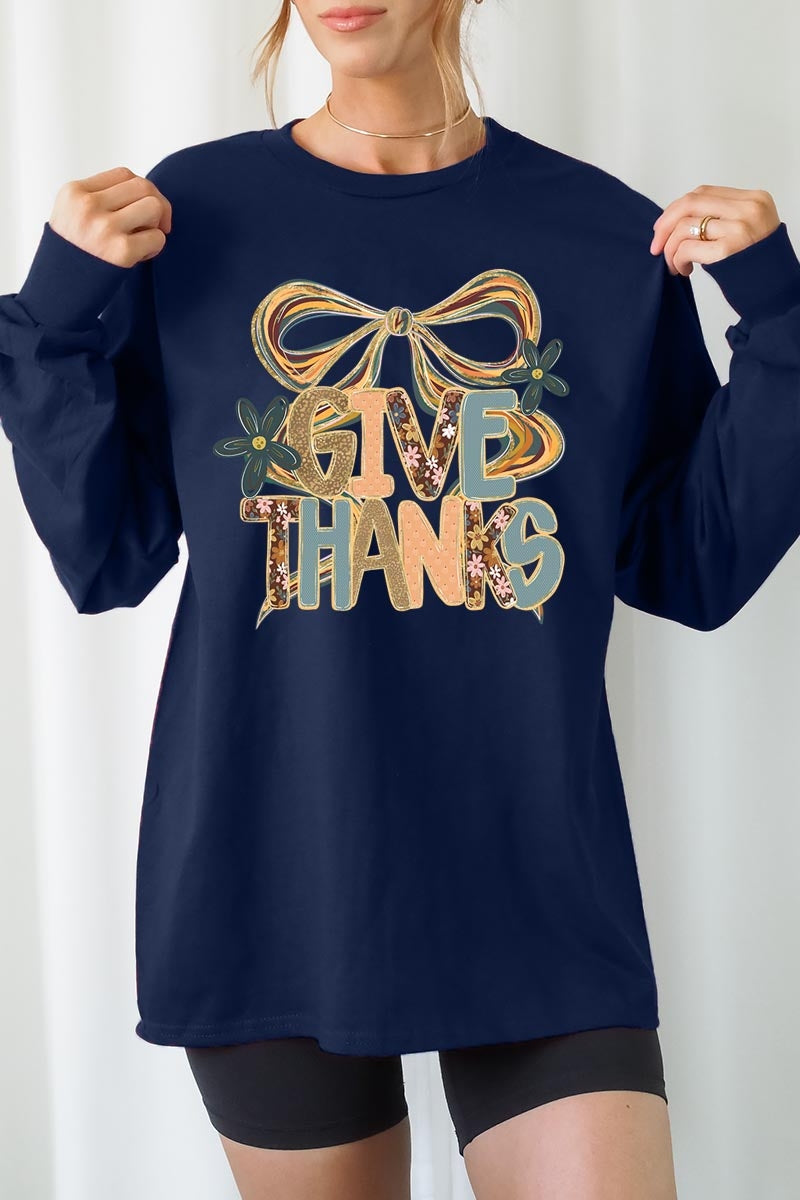 UL240P-E3154 Give Thanks Bow Graphic Plus Long Sleeve Tee $17