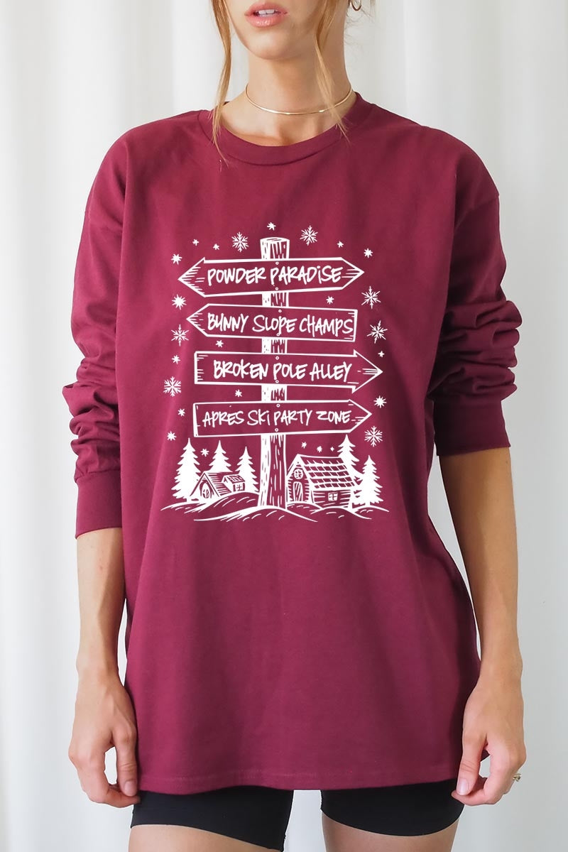 UL240-E3189 Ski Lodge Signs Graphic Long Sleeve Tee $13.75