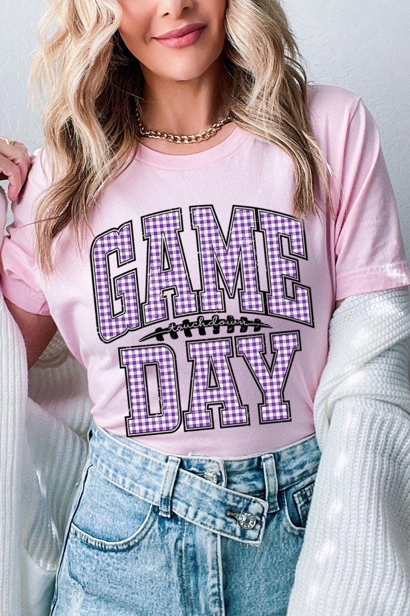 US3001P-E3127 Purple Gingham Game Day Graphic Plus Tee $16