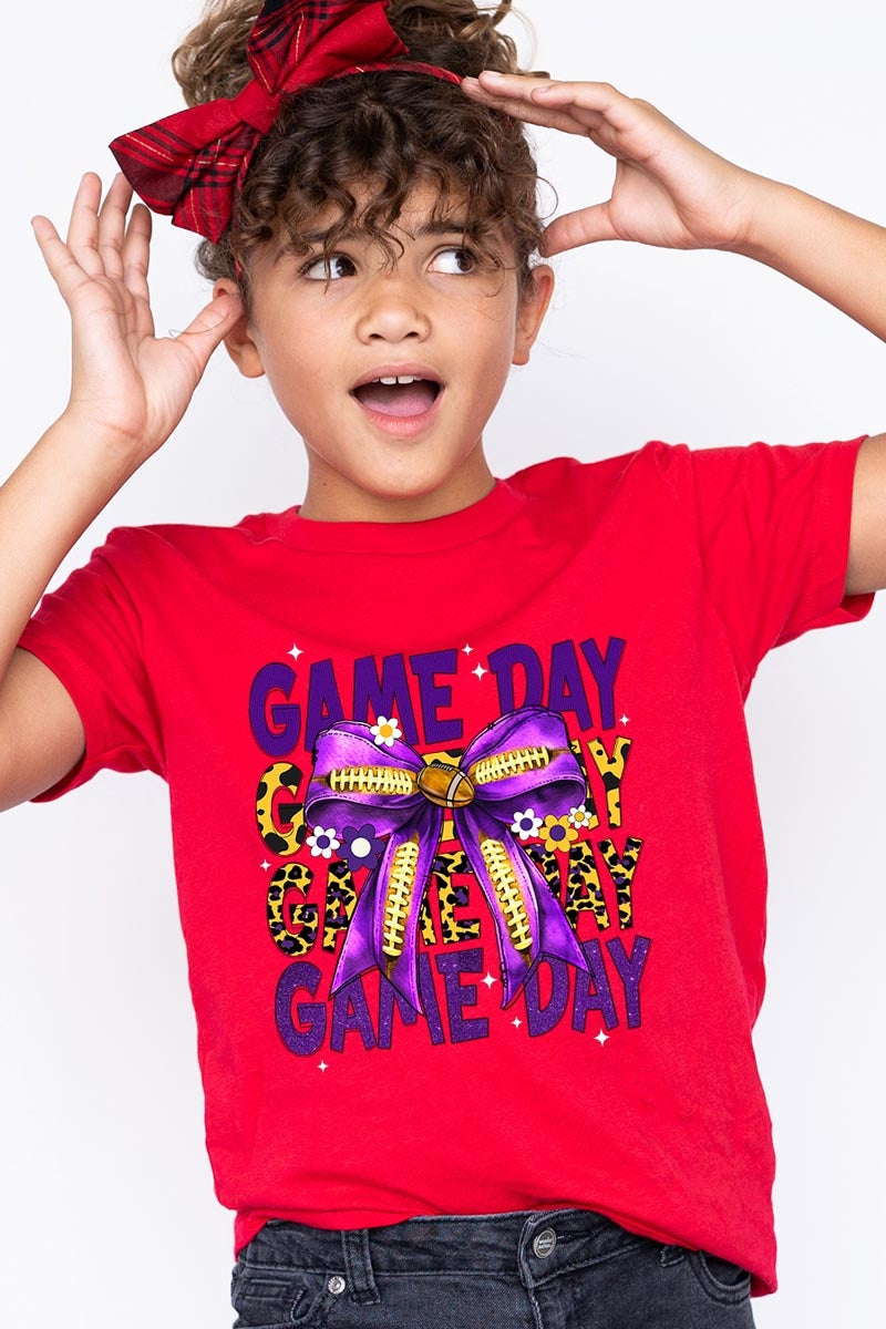 US3001Y-E3092Z Purple Yellow Football Game Day Bow Kids Tee $11