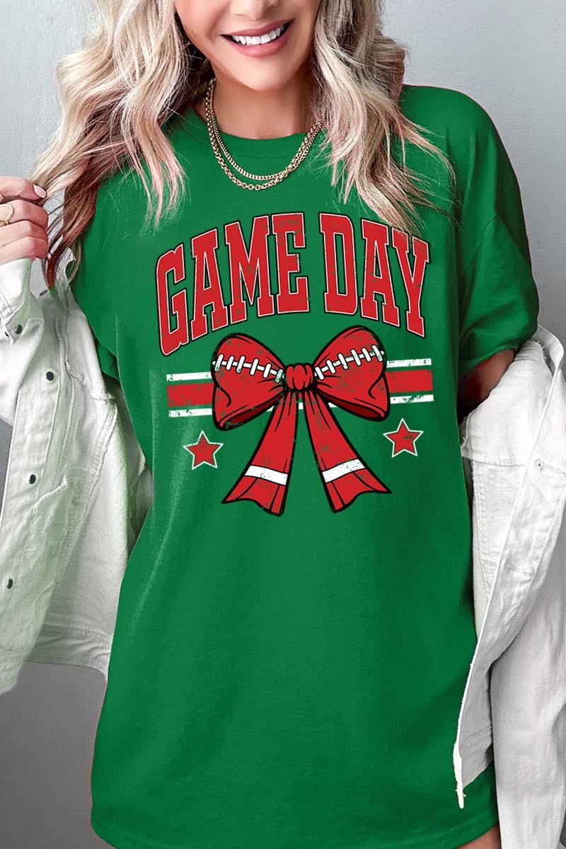 5000-E3062 Red Game Day Football Bow Graphic Heavy Cotton Tee $9