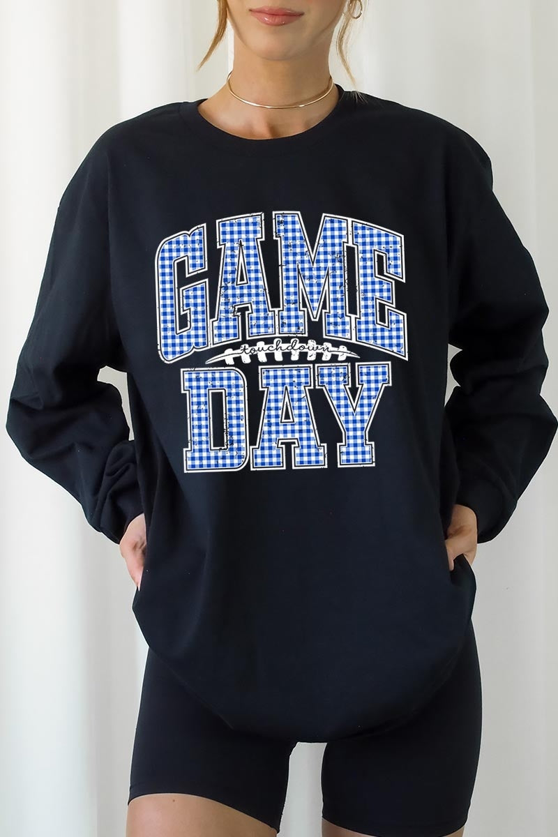 UL240-E3130 Blue Gingham Game Day Graphic Long Sleeve Tee $13.75
