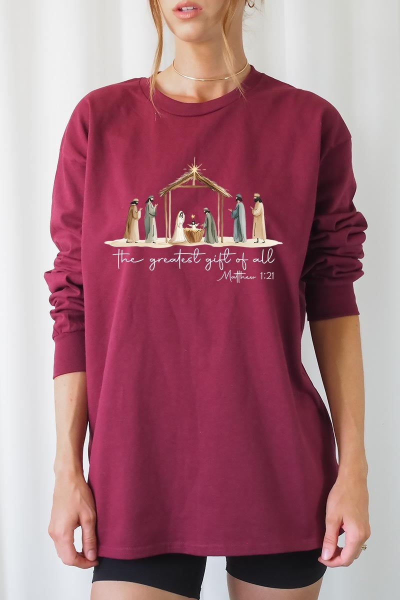 UL240P-E3183 Nativity Gift Graphic Plus Long Sleeve Tee $17